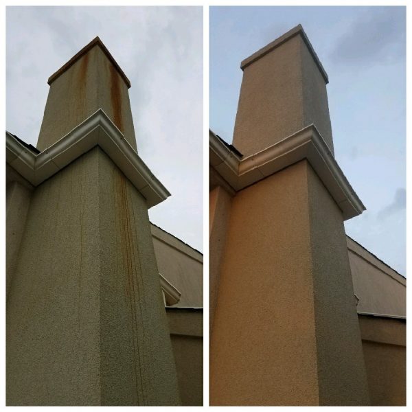 Before and after photos of a chimney and stucco soft-wash removing rust staining in Palm Coast, FL