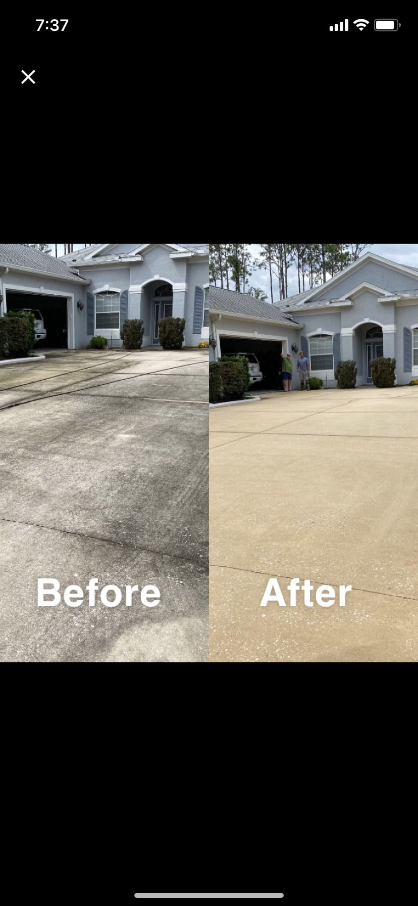 Before and after photos of a large driveway pressure washing job in Palm Coast, FL