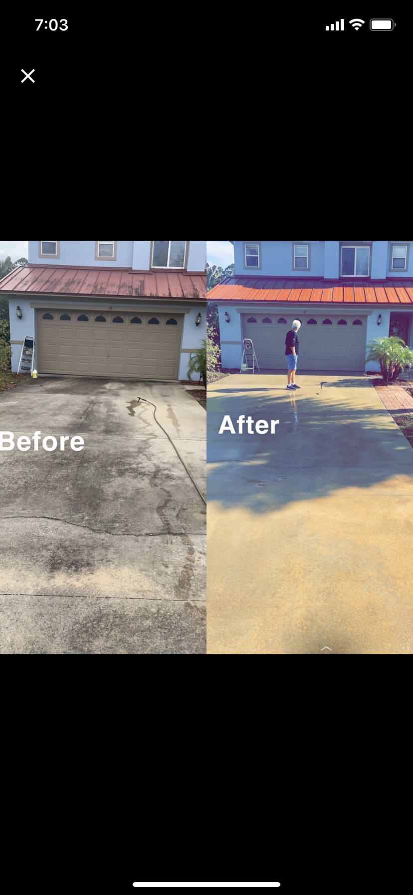 Before and after photos of a concrete driveway pressure washing job in Palm Coast, FL