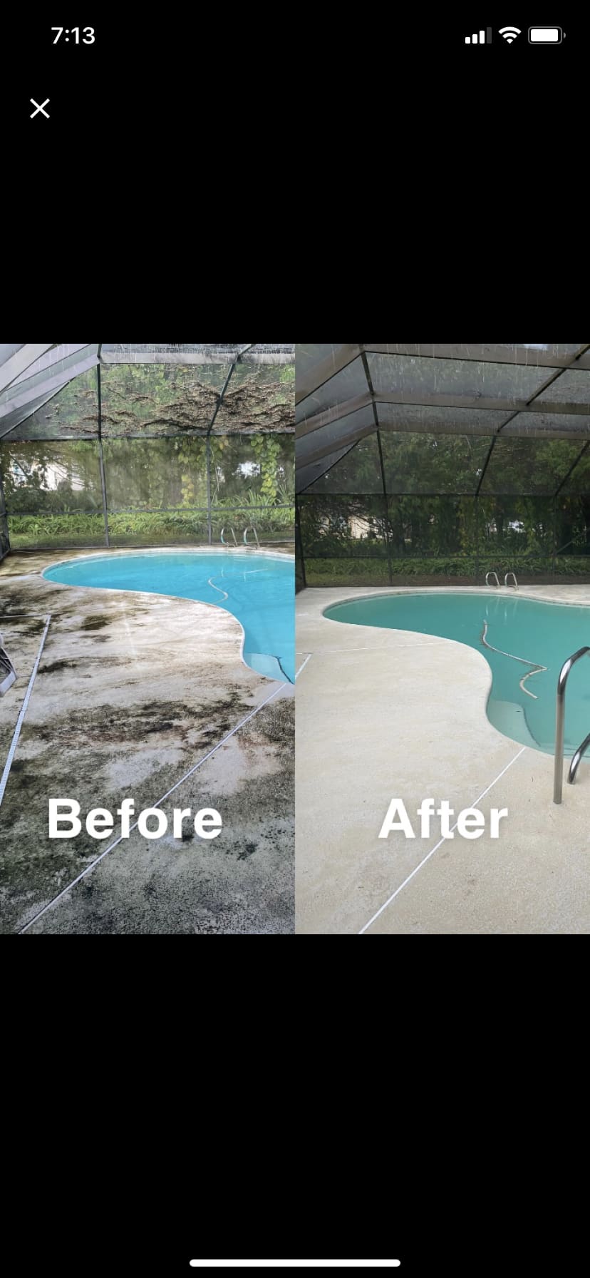 Before and after photos of a screened pool cage and pool deck cleaning job in Palm Coast, FL