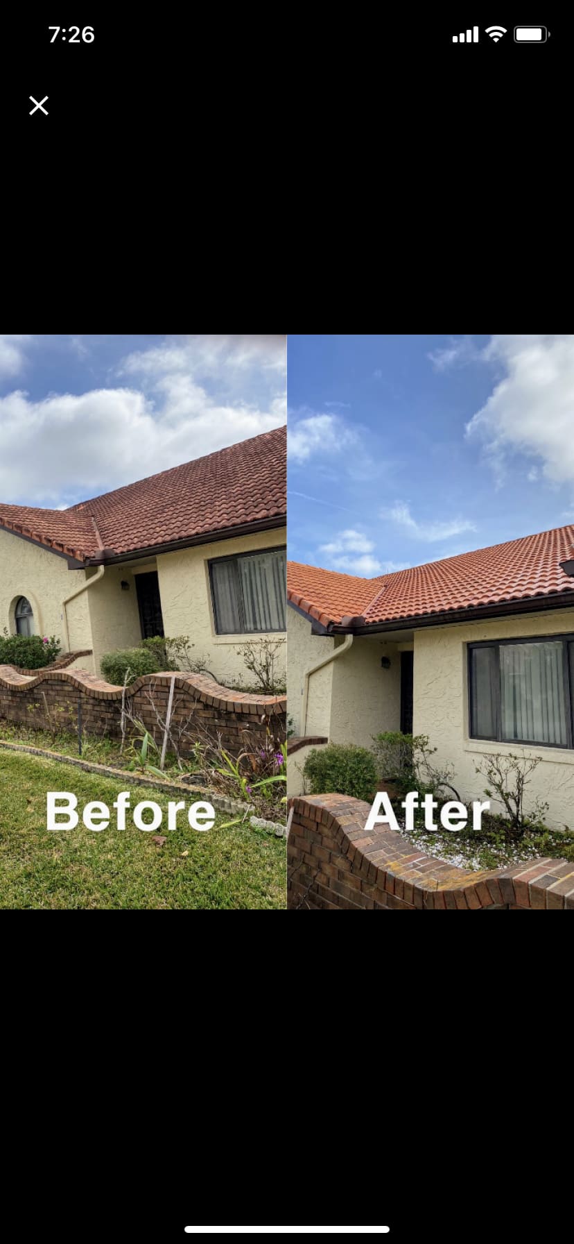 Before and after photos of a tile roof soft-washing job, with moss and algae removed, in Palm Coast, FL